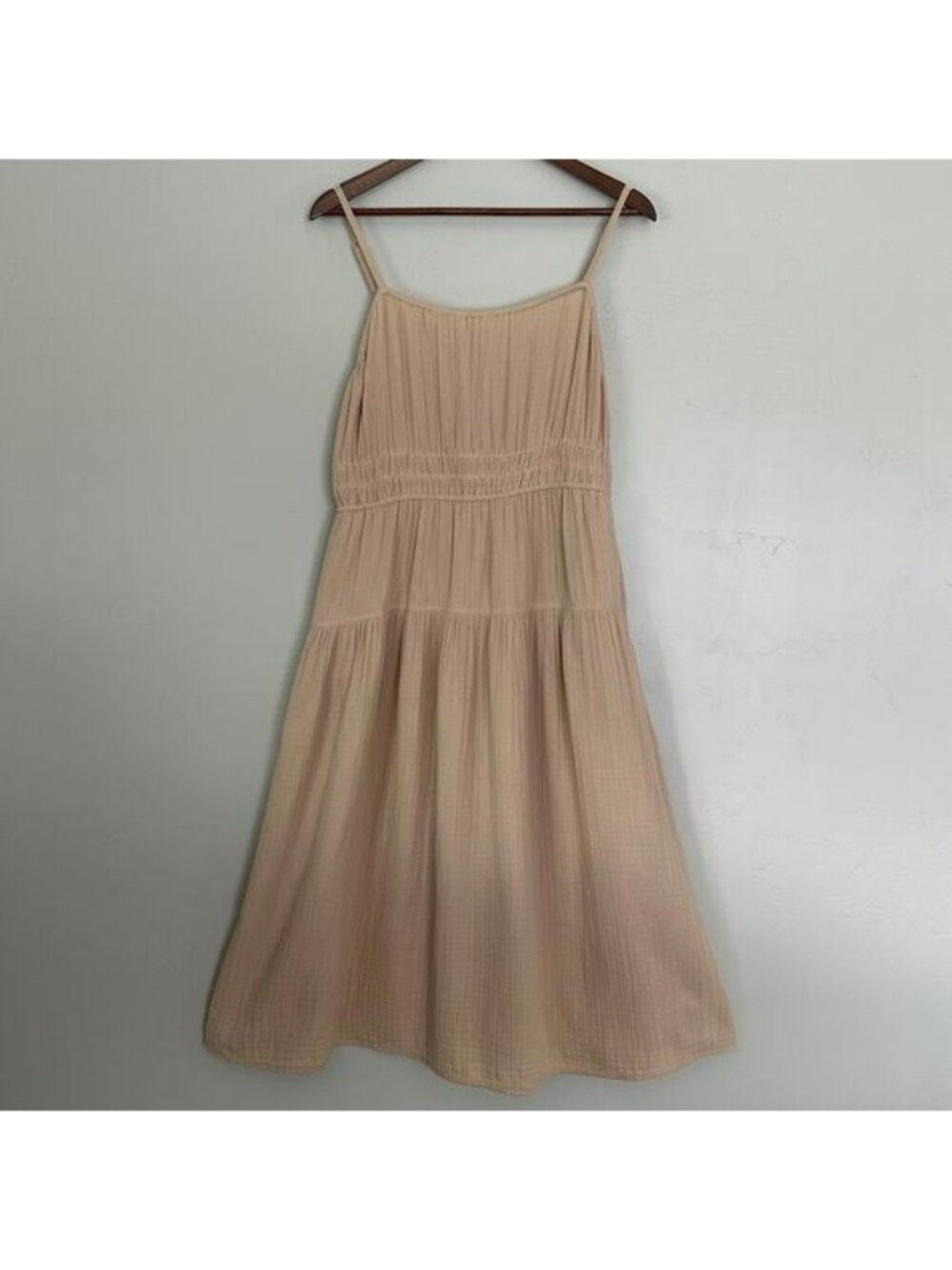 Old Navy 100 Cotton Gauze Midi Dress Large Tan Smocked Cottagecore MilkMaid EUC